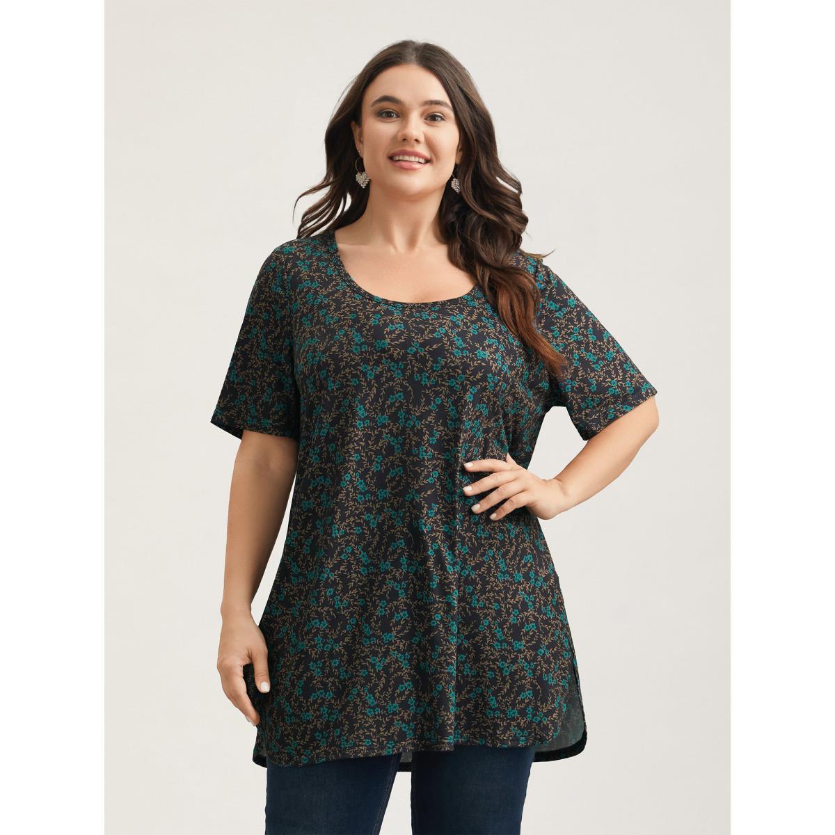 Plus Size Floral Print Round Neck Slit T-Shirt Multicolor Women Elegant Contrast Natural Flowers U-neck Loose Everyday T-shirts BloomChic 18-20/2X Product Image