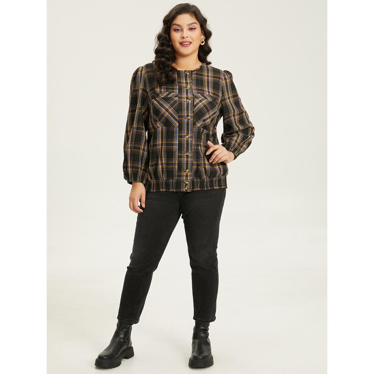 Plus Size Plaid Button Through Elastic Hem Shacket Women Black Elastic cuffs Pocket Dailywear Jackets BloomChic 10/M Product Image