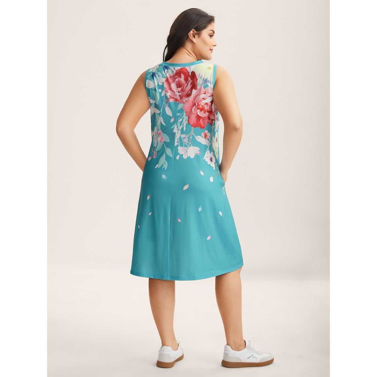 Plus Size Stretchy Breezy Floral A-Line Midi Dress Emerald Women Knit Dresses Bloomchic 28/5X Product Image