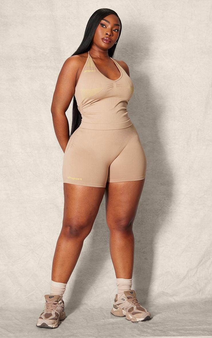PLT SPORT Plus Light Mocha Seamless Contrast Branding Halterneck Top Product Image