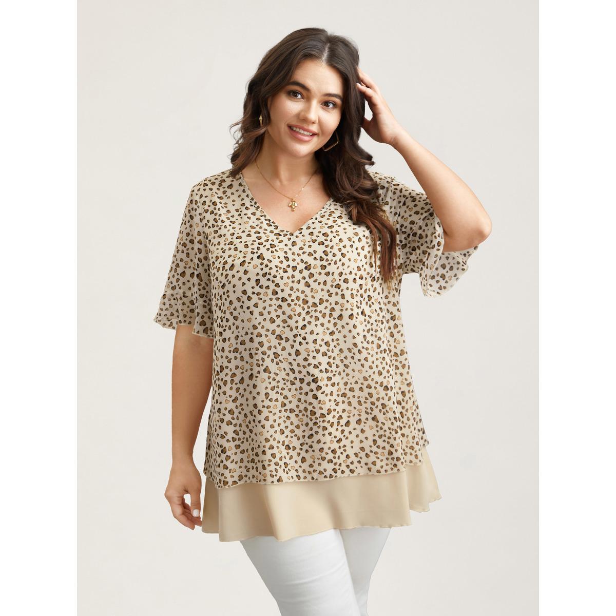 Plus Size LightBrown Polka Dot Print Ruffled V-Neck Layered Shirt Women Casual Half Sleeve V-neck Everyday Blouses BloomChic 18-20/2X Product Image