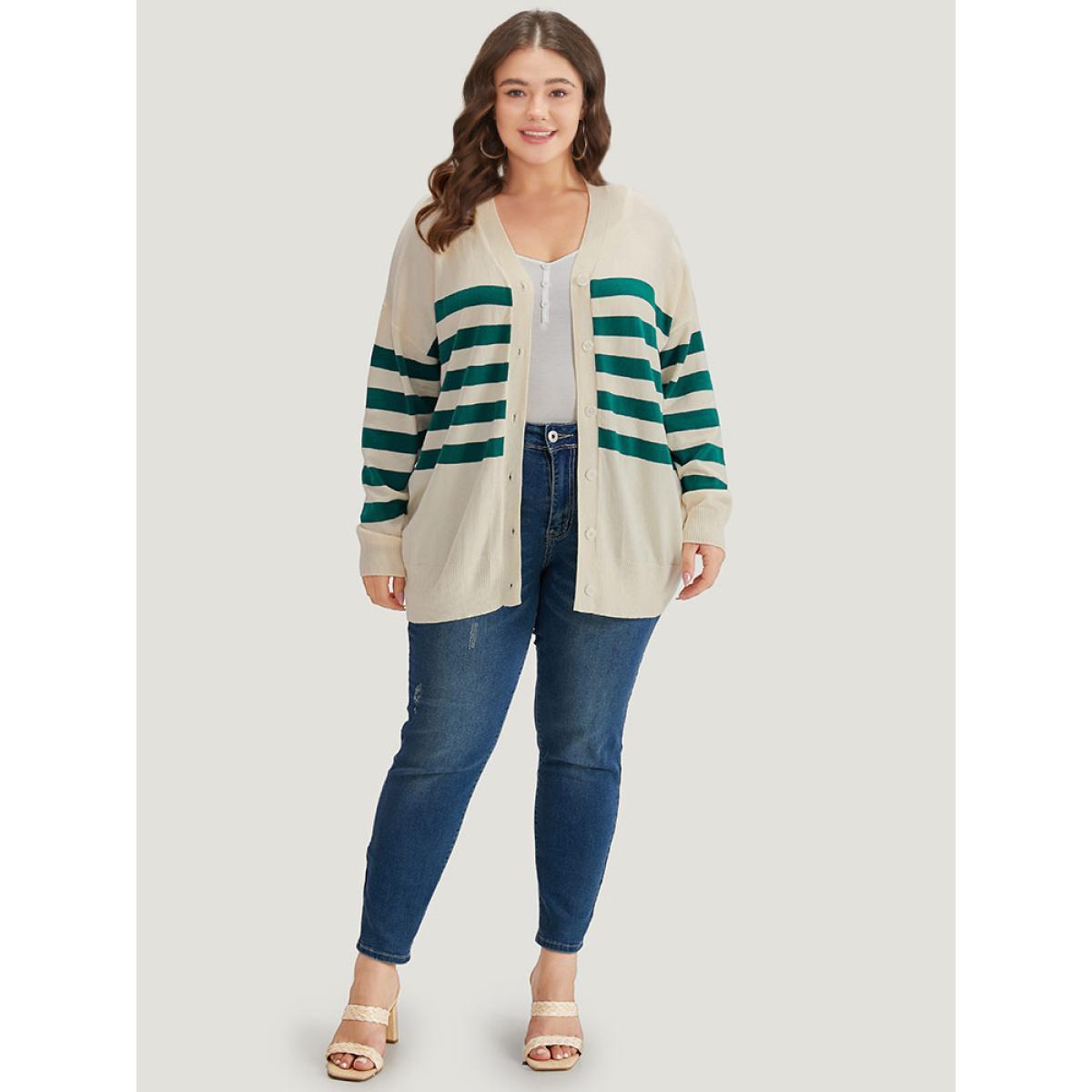 Plus Size Supersoft Essentials Striped Contrast Button Up Cardigan Beige Women Casual Loose Long Sleeve Dailywear Cardigans BloomChic 26/4X Product Image