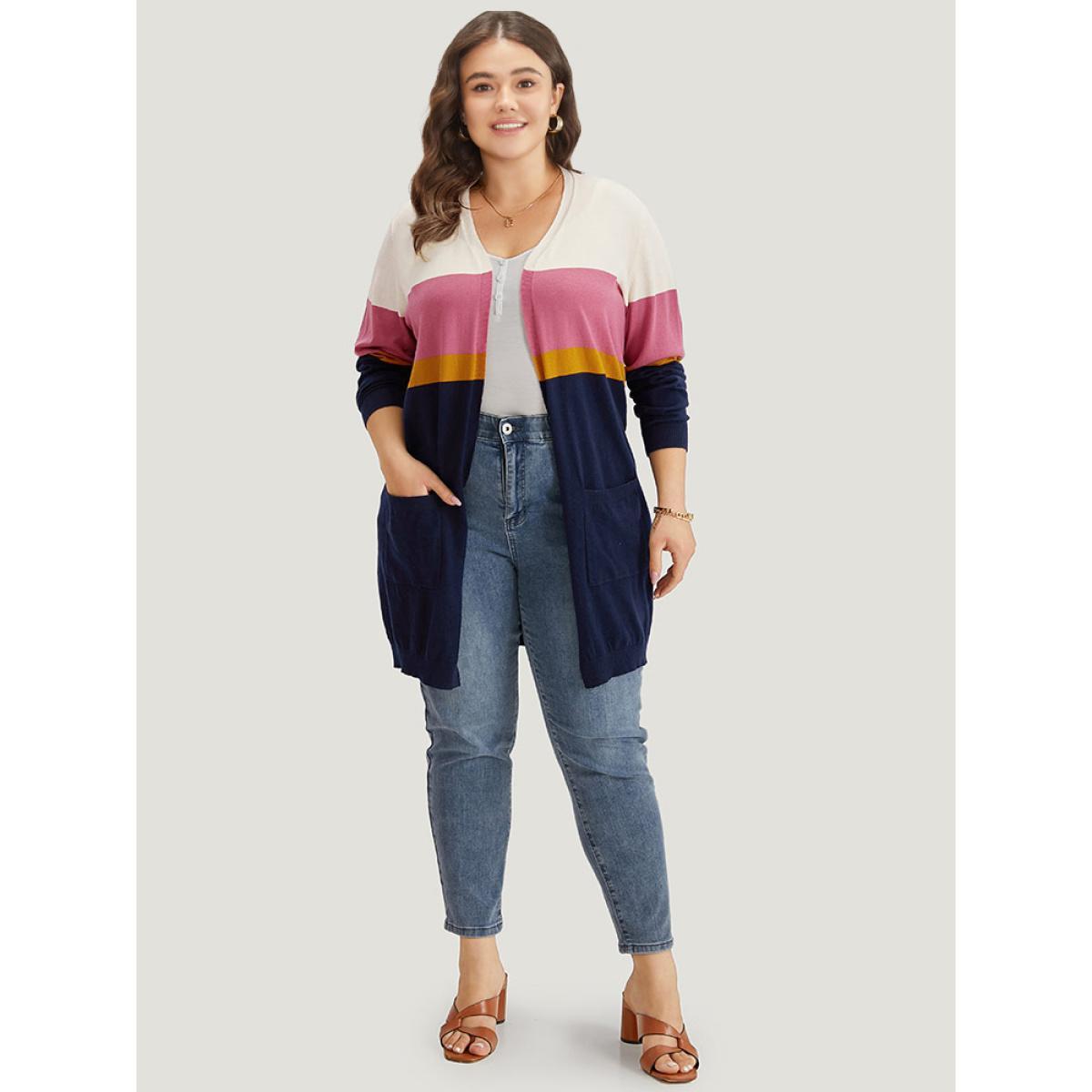 Plus Size Supersoft Essentials Contrast Open Front Tunic Cardigan Multicolor Women Casual Loose Long Sleeve Dailywear Cardigans BloomChic 30/6X Product Image
