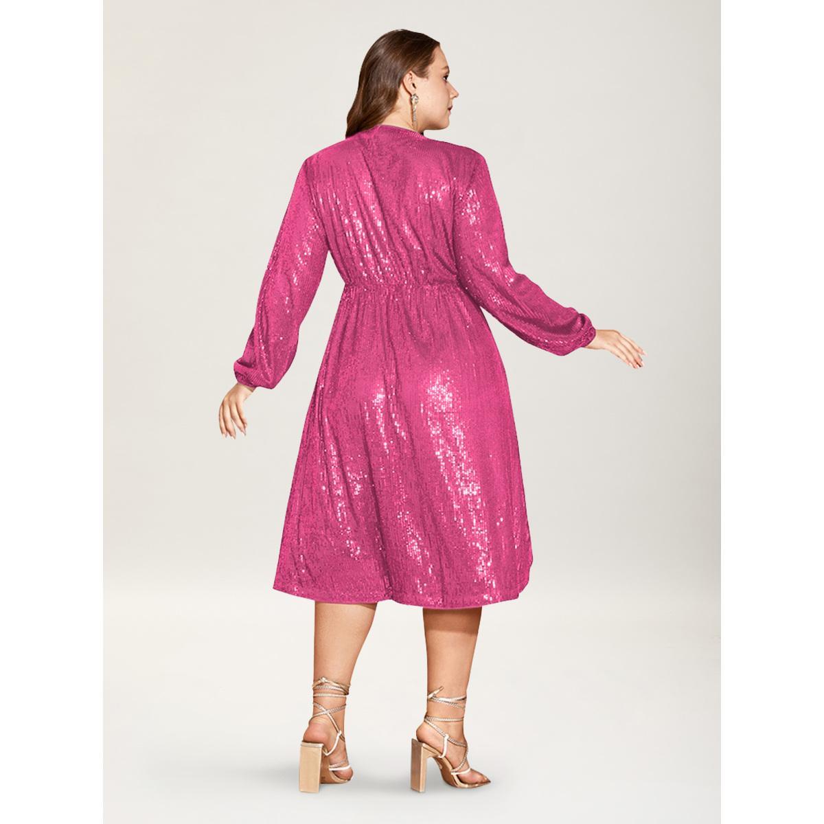Plus Size Solid Pocket Lantern Sleeve Wrap Sequin Dress Peach Women Party Pocket Overlap Collar Long Sleeve Curvy Midi Dress BloomChic 18-20/2X Product Image