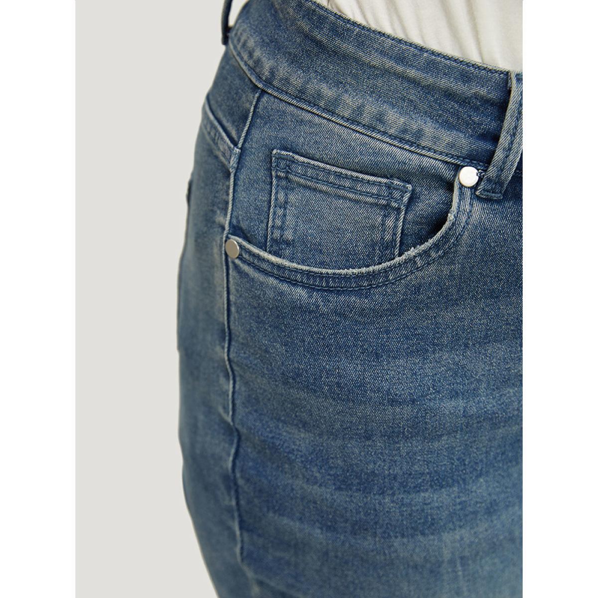 Plus Size Flare Leg Very Stretchy Medium Wash Contrast Hem Jeans Women LightBlue Casual Plain High stretch Pocket Jeans BloomChic 10/M Product Image