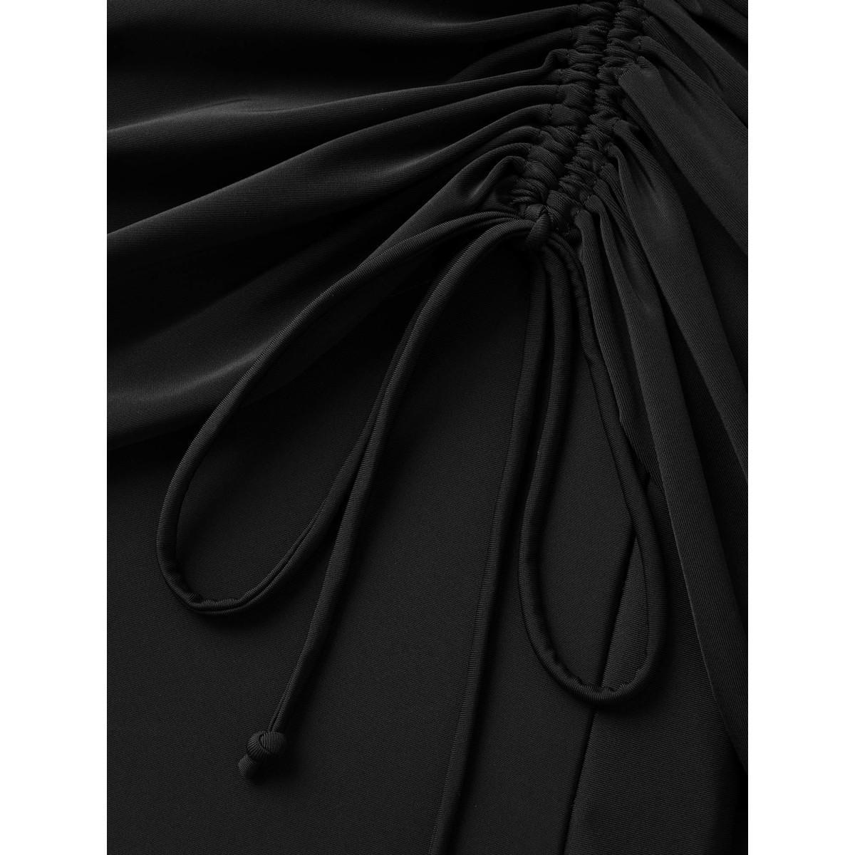 Plus Size Contrast Webbing Patchwork Drawstring Gathered Swim Bottom Women's Swimwear Black Beach Woven ribbon&lace trim High stretch Skinny High Rise Side seam pocket Curve Swim Bottoms BloomChic 28/5X Product Image