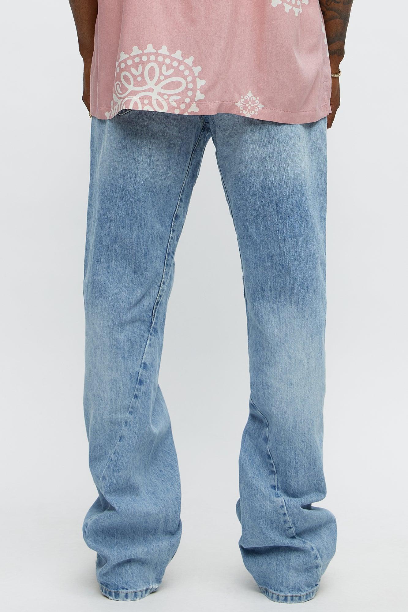 Stacked Slim Flare On Levels Distressed Jeans - Light Blue Wash Product Image