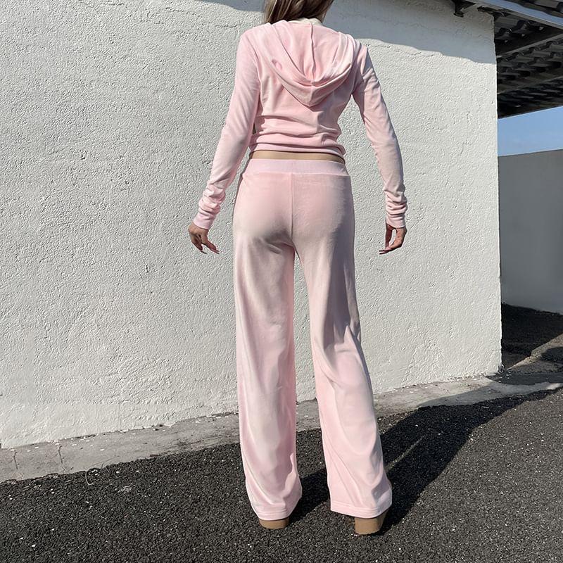 Set: Long Sleeve Graphic Print Zip-Up Hooded Jacket + Low Rise Straight-Fit Wide-Leg Sweatpants Product Image
