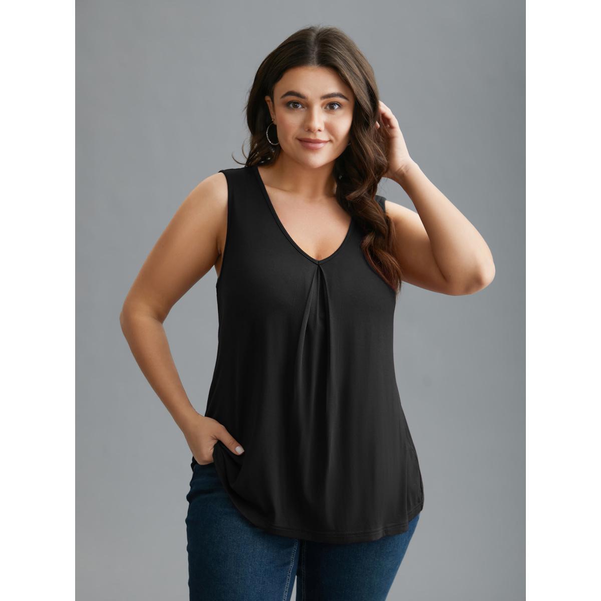 Plus Size Supersoft Essentials V-Neck Tank Top Women Black Casual Pleated V-neck Everyday Tank Tops Camis BloomChic 14-16/1X Product Image
