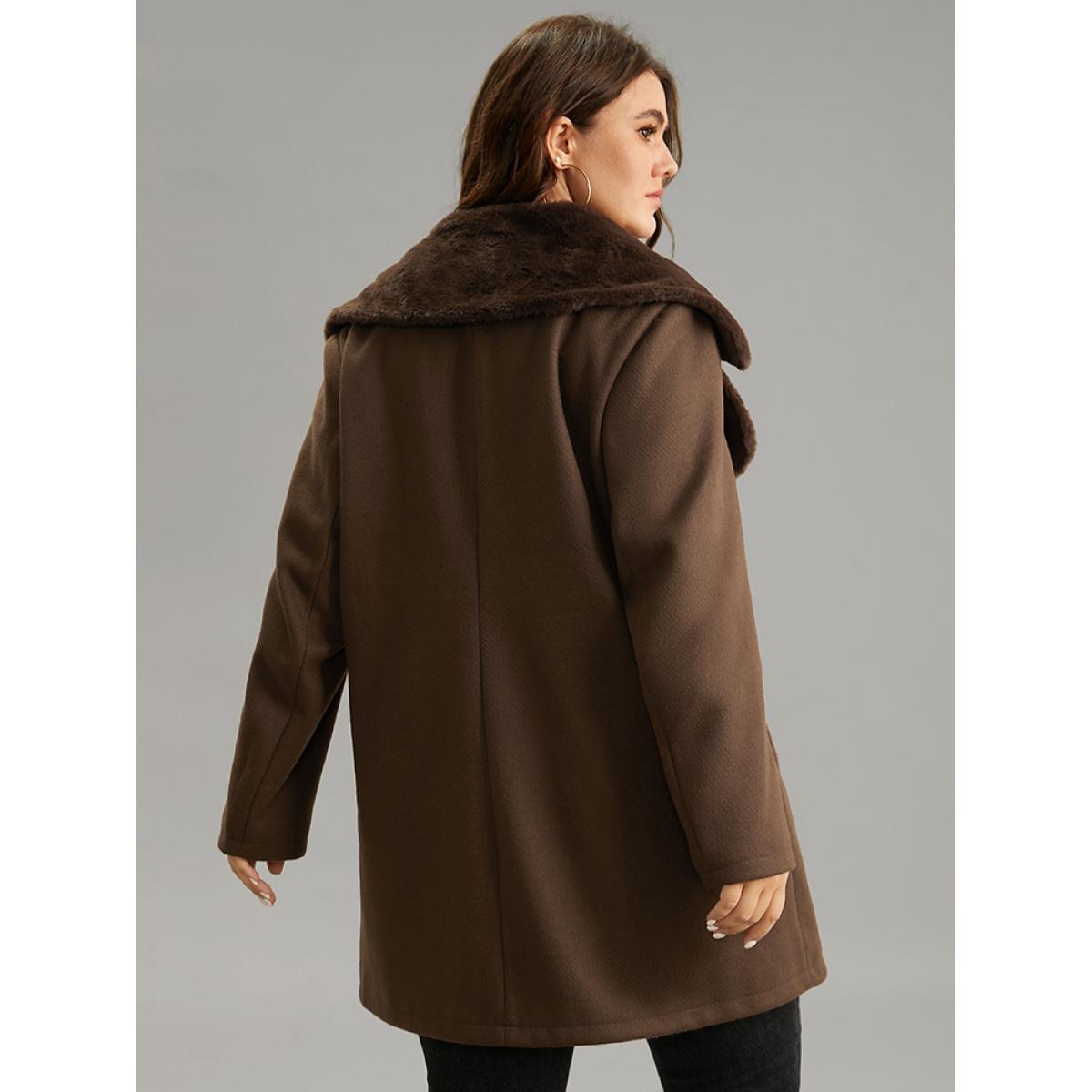 Plus Size Plain Lapel Collar Fuzzy Trim Patchwork Button Up Coat Women DarkBrown Casual Lined Ladies Dailywear Winter Coats BloomChic 26/4X Product Image