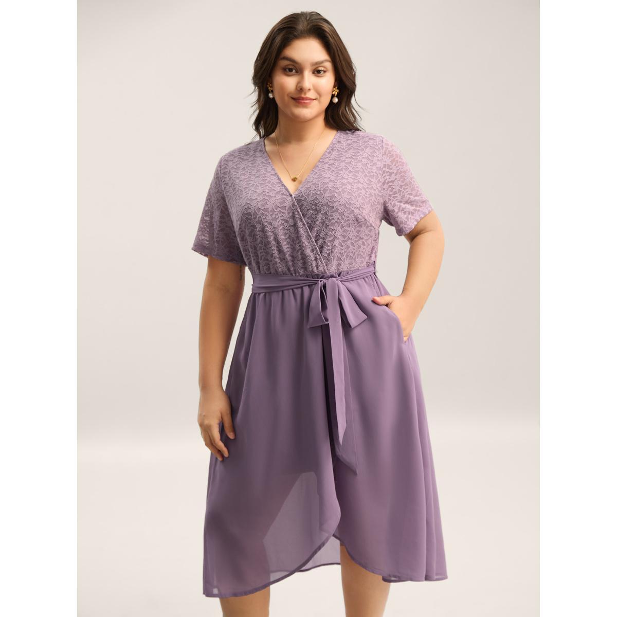 Plus Size Lace Sheer Stretchy Waist Tie Midi Dress Mauve Women Overlap Collar Short sleeve Curvy BloomChic 26/4X Product Image