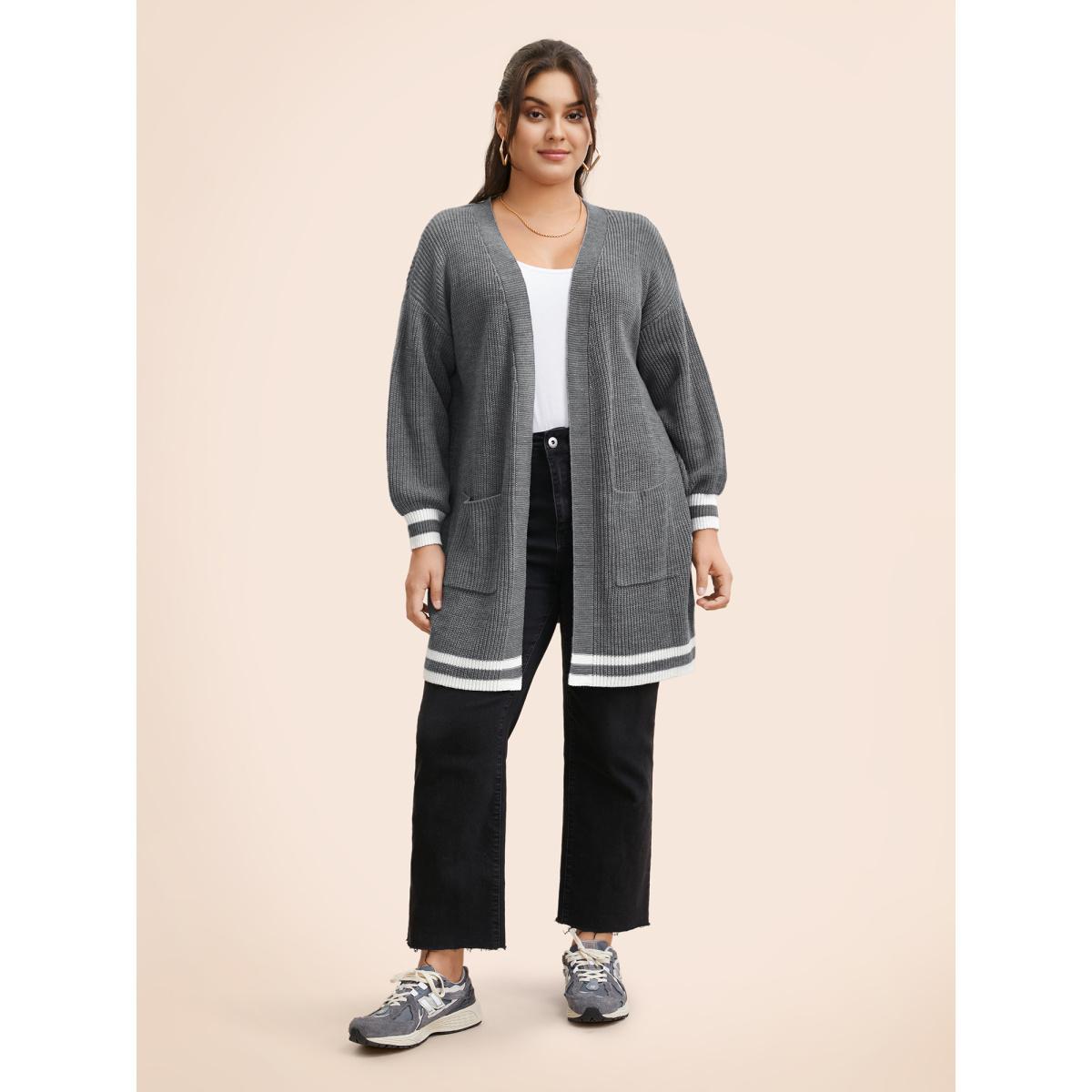 Plus Size Texture Striped Patchwork Patched Pocket Cardigan DarkGray Women Casual Loose Long Sleeve Everyday Cardigans BloomChic 10/M Product Image