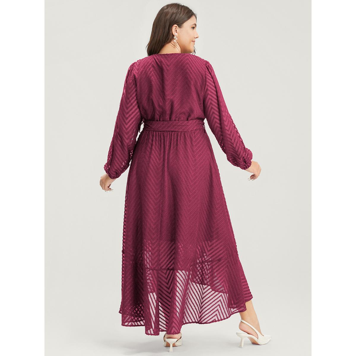 Plus Size Solid Geometric Wrap Pocket Belted Asymmetrical Hem Dress RedViolet Women Glamour Plain V-neck Long Sleeve Curvy Long Dress BloomChic 18-20/2X Product Image
