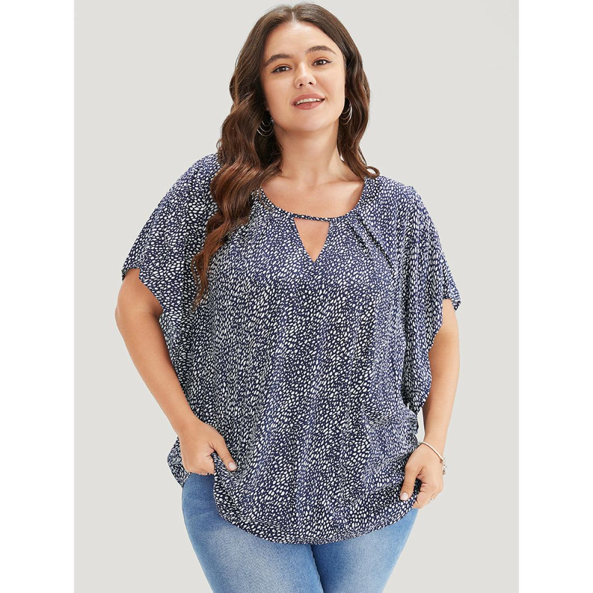 Plus Size Indigo Polka Dot Ruffle Sleeve Keyhole Neck Blouse Women Elegant Short sleeve Round Neck Dailywear Blouses BloomChic 10/M Product Image