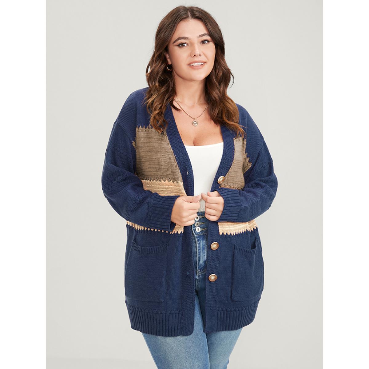 Plus Size Colorblock Contrast Pointelle Knit Pocket Jacquard Button Front Cardigan Multicolor Women Casual Loose Long Sleeve Dailywear Cardigans BloomChic 28/5X Product Image
