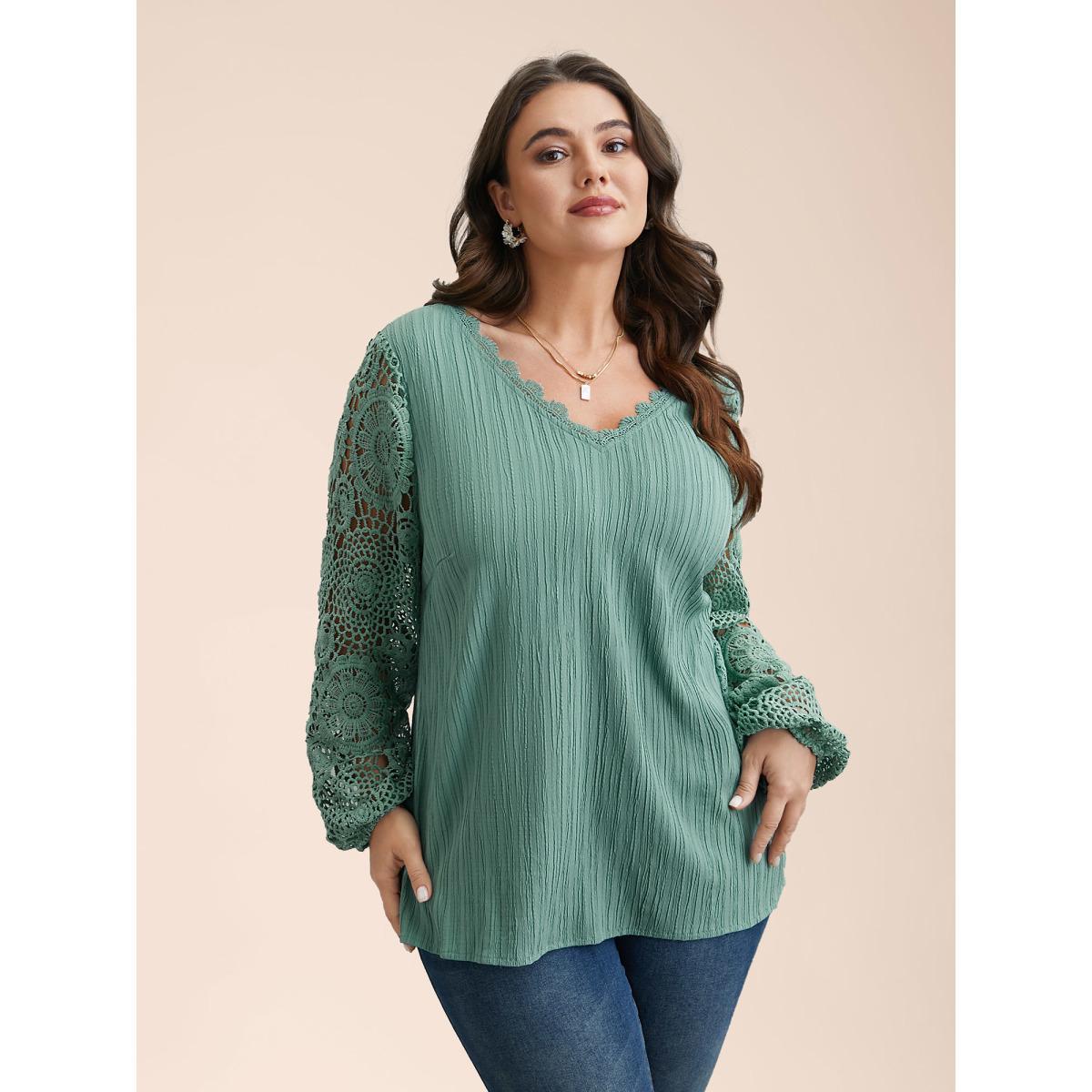 Plus Size Greenbean Scalloped Lace Textured Sheer Sleeve Blouse Women Elegant Extra Long Sleeve V-neck Everyday Blouses BloomChic 18-20/2X Product Image