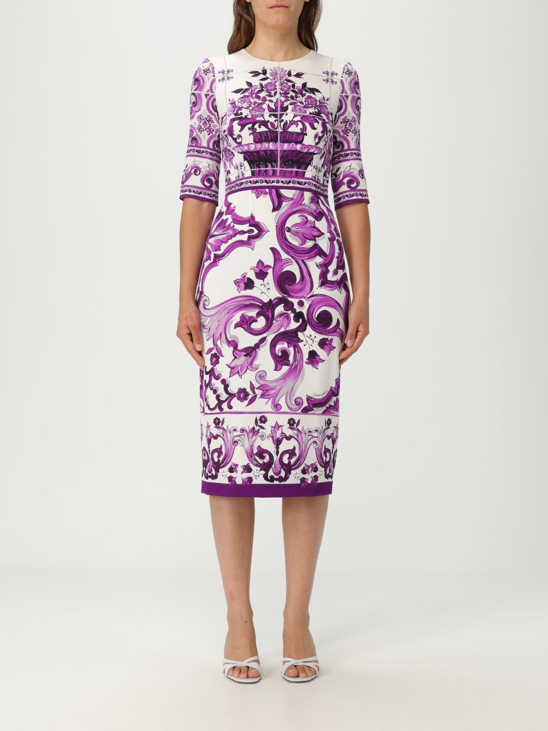 DOLCE & GABBANA Violet Crewneck Dress With Rear Zip Closure And All-over Floral Print In Silk Stretch Woman In Purple Product Image