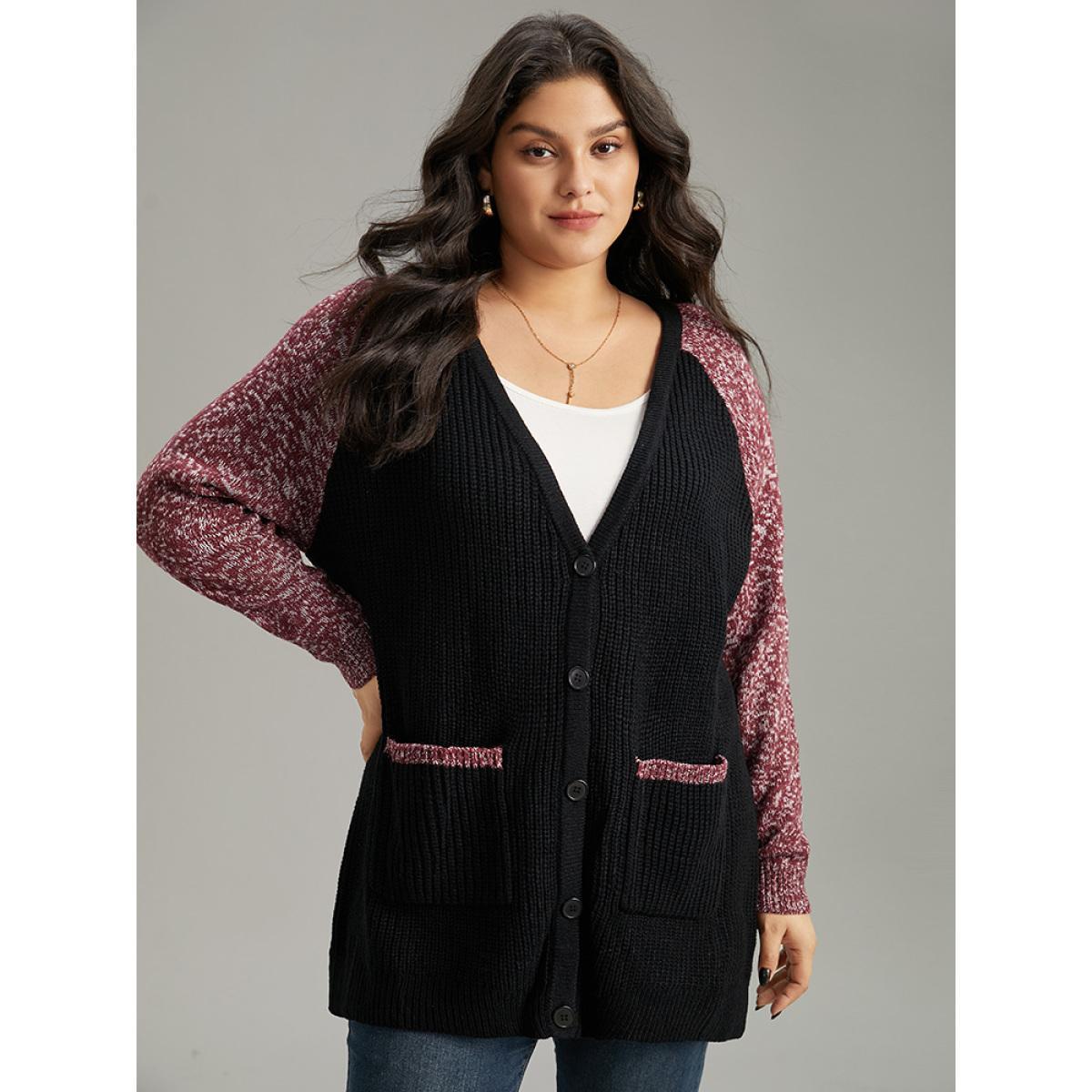 Plus Size Heather Patchwork Raglan Sleeve Pocket Cardigan Black Women Casual Loose Long Sleeve Dailywear Cardigans BloomChic 30/6X Product Image
