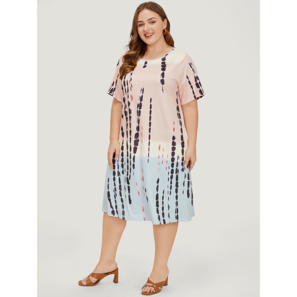 Plus Size Tie Dye Crew Neck Pocket Color Block Contrast Dress Multicolor Women Vacation Contrast Round Neck Short sleeve Curvy Midi Dress BloomChic 26/4X Product Image