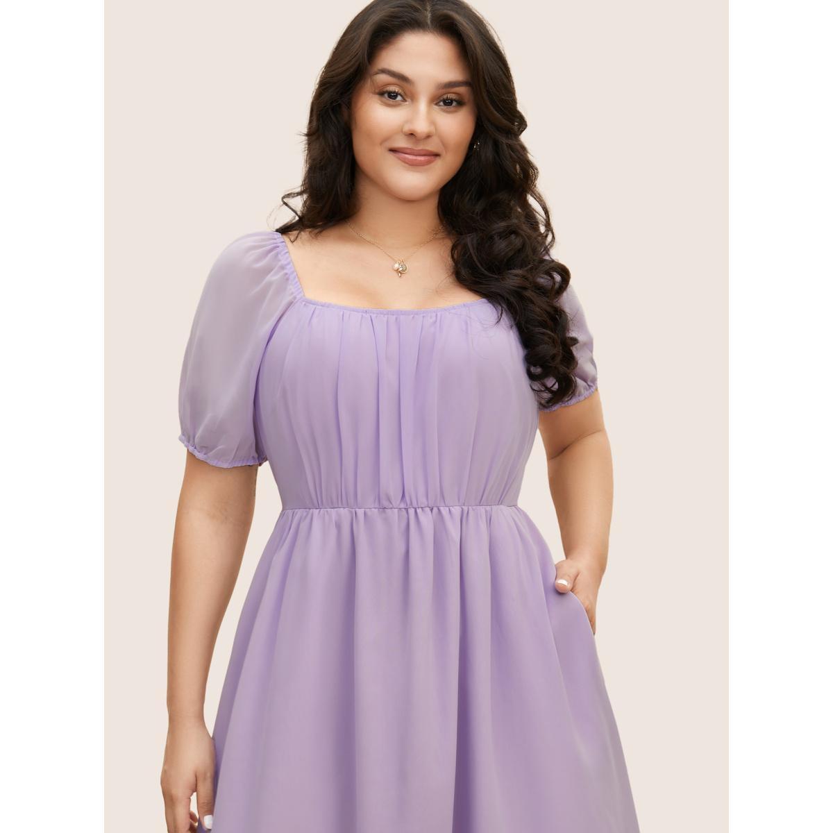 Plus Size Chiffon Square Neck Lantern Sleeve Dress Lavender Women Elegant Gathered Square Neck Short sleeve Curvy BloomChic 26/4X Product Image