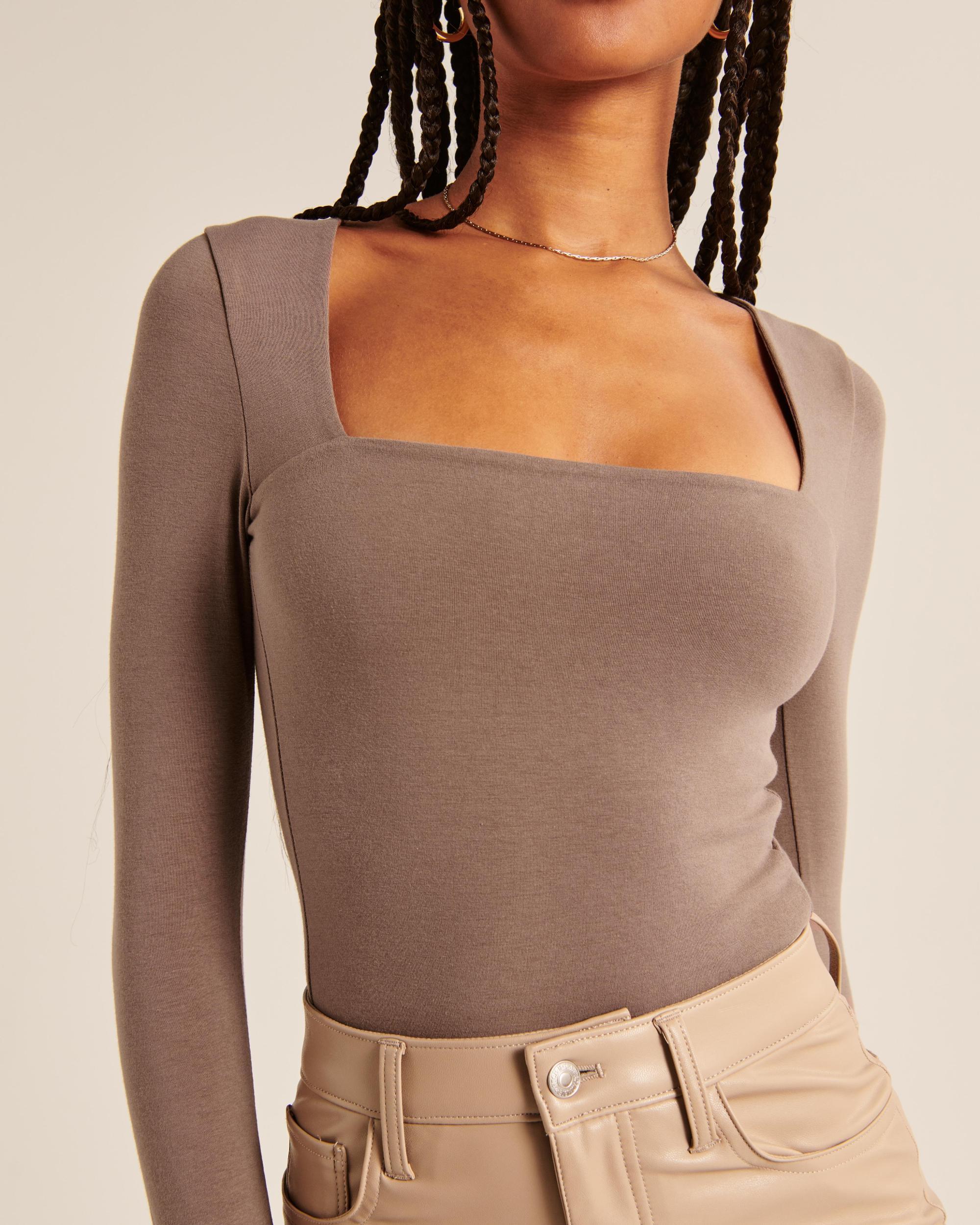 Long-Sleeve Cotton Seamless Fabric Squareneck Bodysuit Product Image
