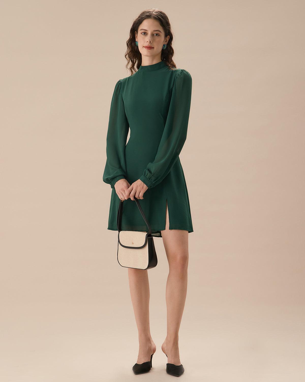 The Green Stand Collar Sheer Slit Mini Dress Product Image