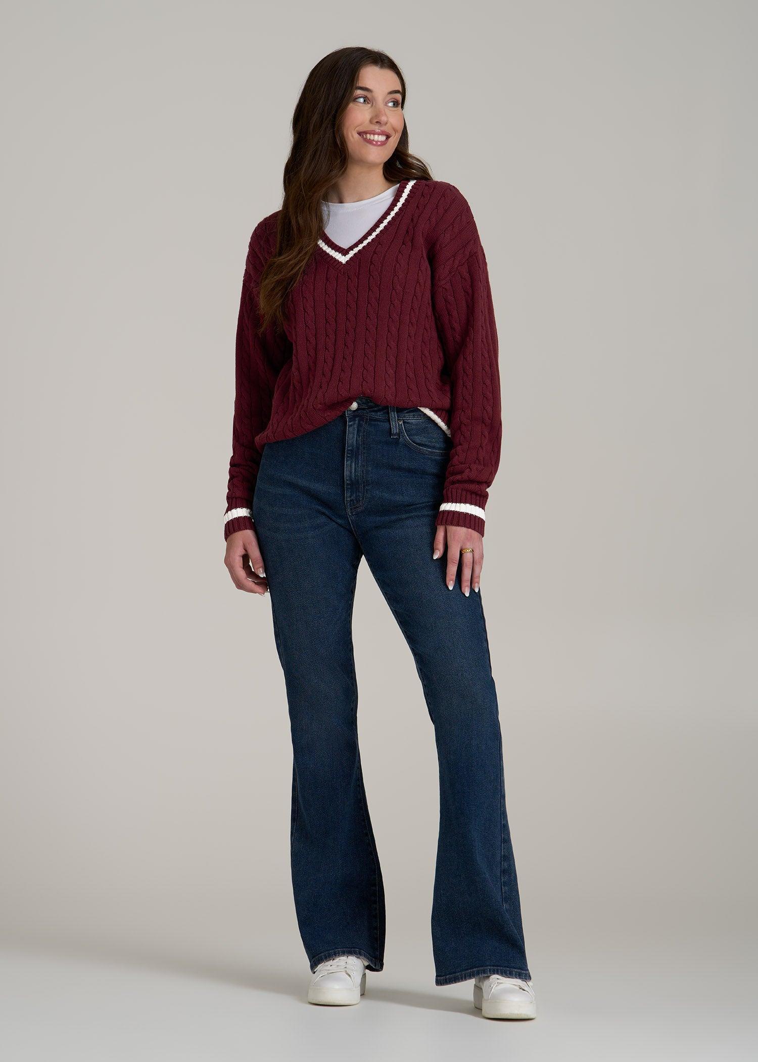 V-Neck Collegiate Sweater for Tall Women in Red Ochre and Winter White Product Image