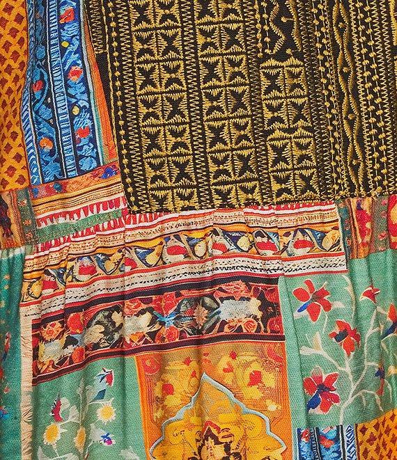 Calessa Petite Size Embroidered Patchwork Split V-Neck 3/4 Sleeve Tunic Product Image