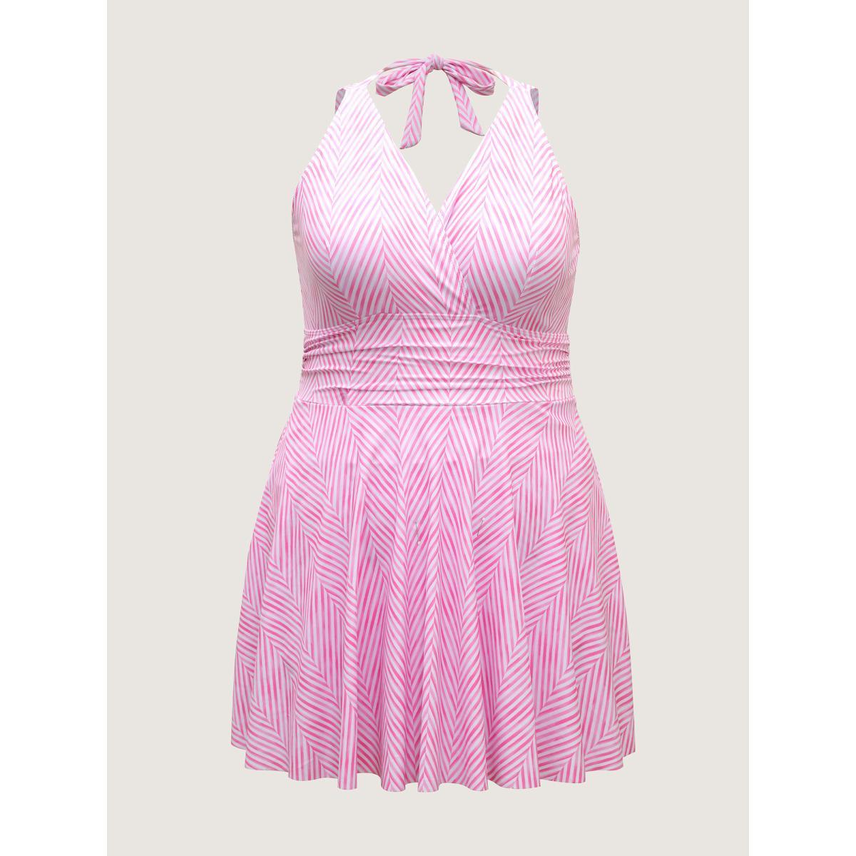 Plus Size Anti-Float Ties Stripes Swim Dress Women's Swimwear Beanpastepowder Beach Bodycon Overlap Collar High stretch Curve Swim Dresses BloomChic 26/4X Product Image