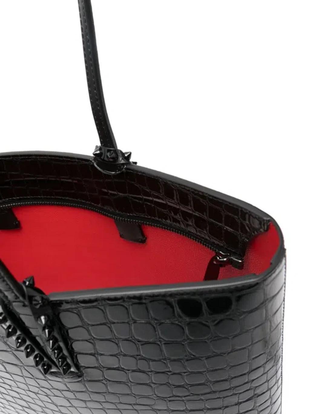 CHRISTIAN LOUBOUTIN Cabata Spiked Croc-effect Glossed-leather Tote In Black Product Image