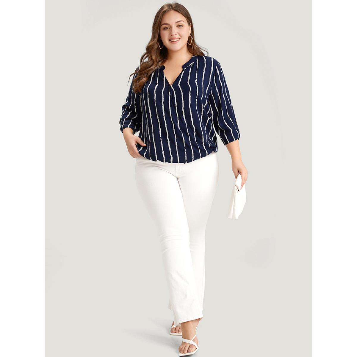 Plus Size Multicolor Striped Notched Three Quater Length Sleeve Blouse Women Office Elbow-length sleeve Notched collar Work Blouses BloomChic 10/M Product Image