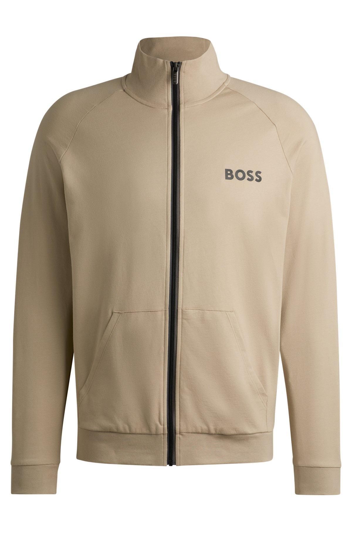 BOSS - Cotton-terry zip-up jacket with logo print - Light Beige Product Image