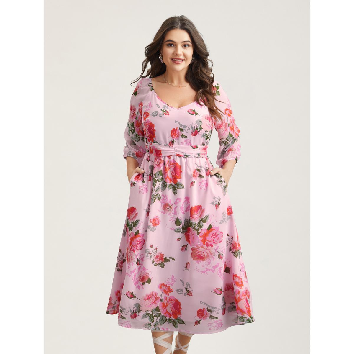 Plus Size Rosy Print Pockets Pleated Midi Dress MistyRose Women Elegant Gathered V-neck Elbow-length sleeve Curvy BloomChic 18-20/2X Product Image