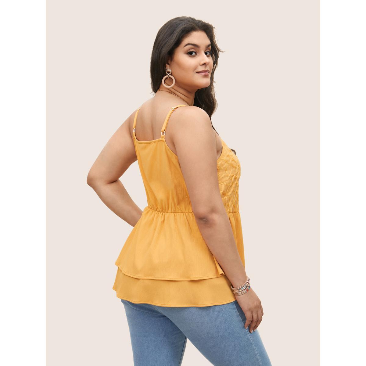 Plus Size Floral Texture Ruffle Layered Hem Cami Top Women Orange Resort Woven ribbon&lace trim Non Vacation Tank Tops Camis BloomChic 10/M Product Image