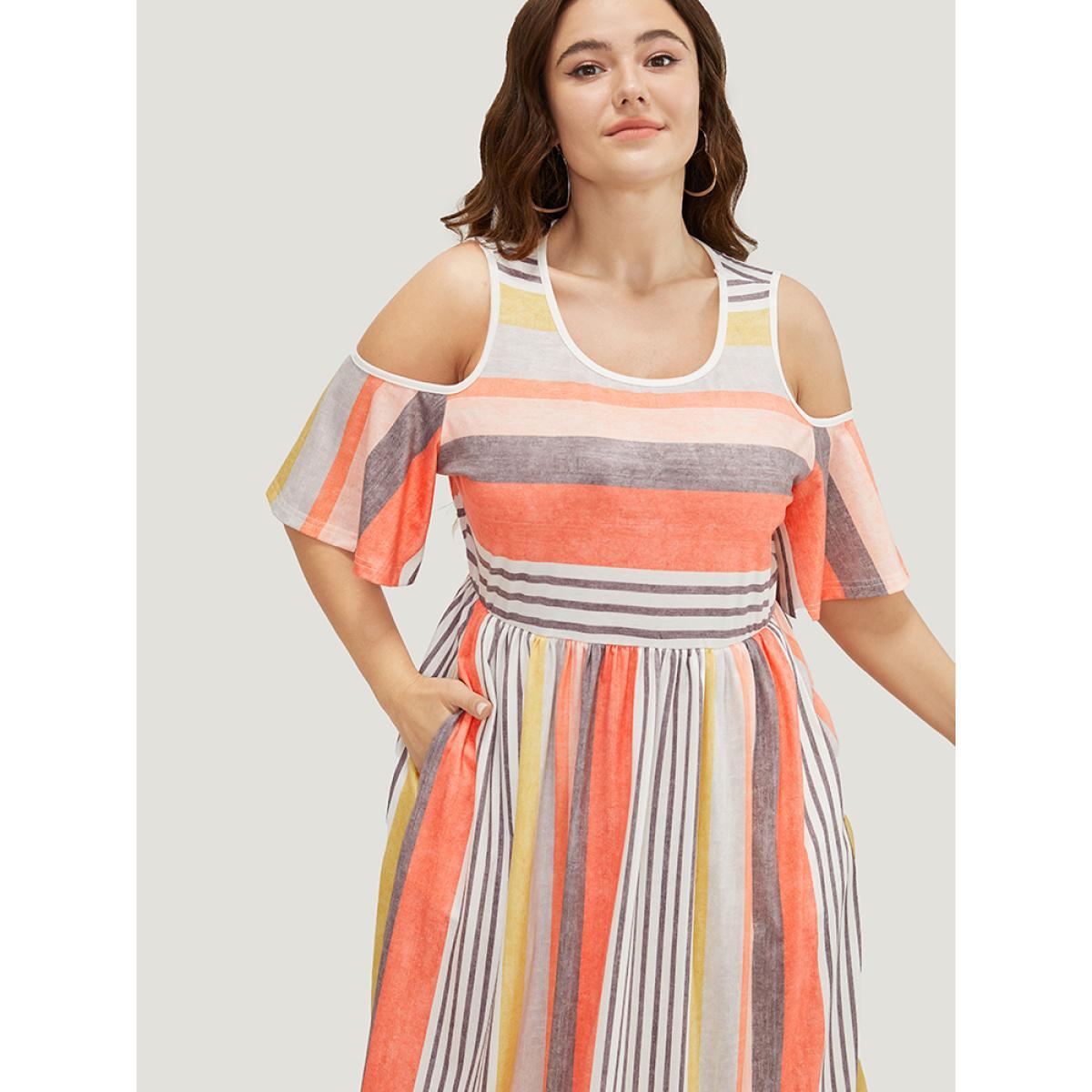 Plus Size Striped Contrast Pocket Cold Shoulder Ruffle Midi Dress Multicolor Women Casual Contrast Cold Shoulder Short sleeve Curvy Midi Dress BloomChic 28/5X Product Image
