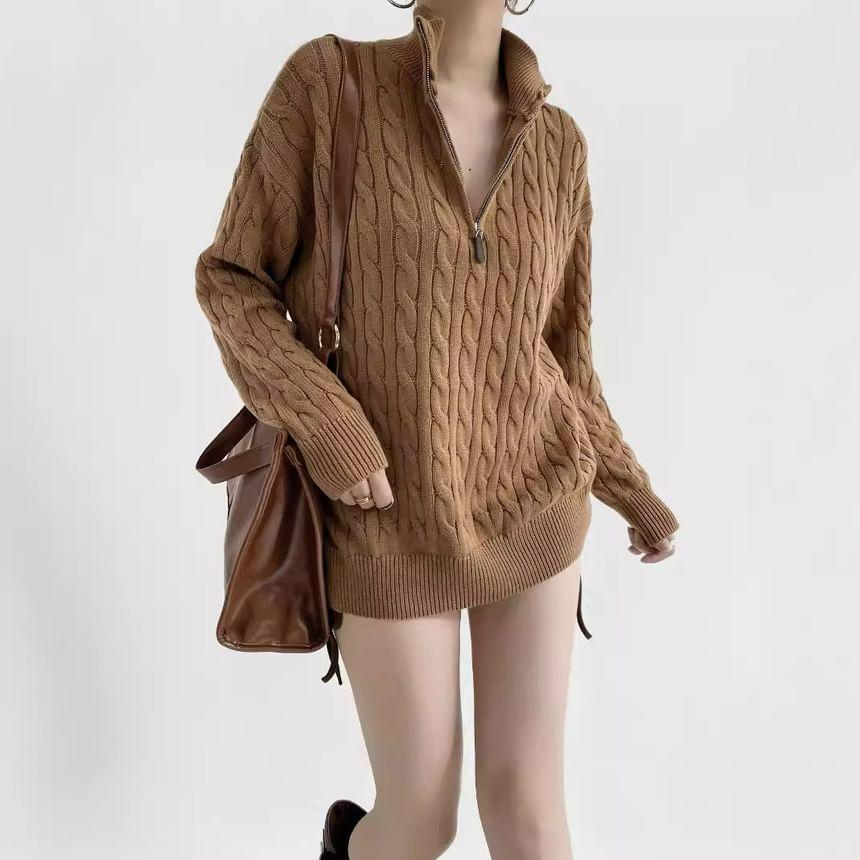 Drop Shoulder Half Zip Cable Knit Oversized Sweater Product Image