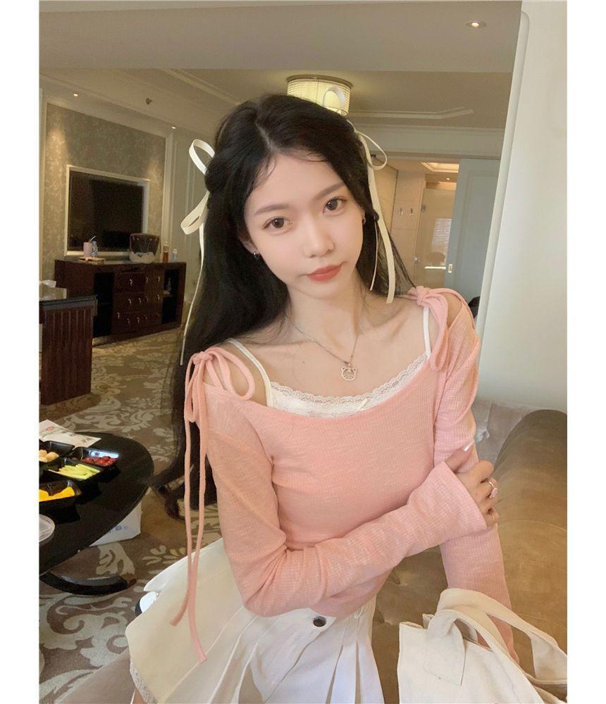 Balletcore Long-Sleeve Off-Shoulder Plain Slim Fit Mock Two Piece T-Shirt/ T-Shirt / Lace Trim Crop Cami Top / High Waist Pleated Skort Product Image