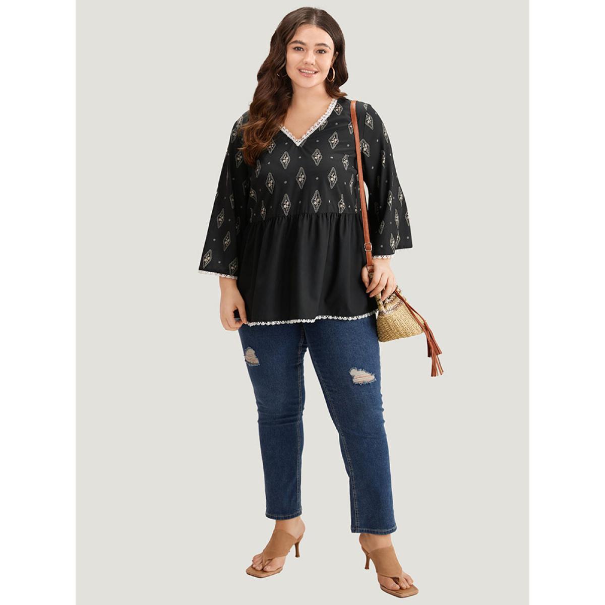 Plus Size Black Boho Print Guipure Lace V Neck Bell Sleeve Blouse Women Vacation Elbow-length sleeve V-neck Dailywear Blouses BloomChic 28/5X Product Image