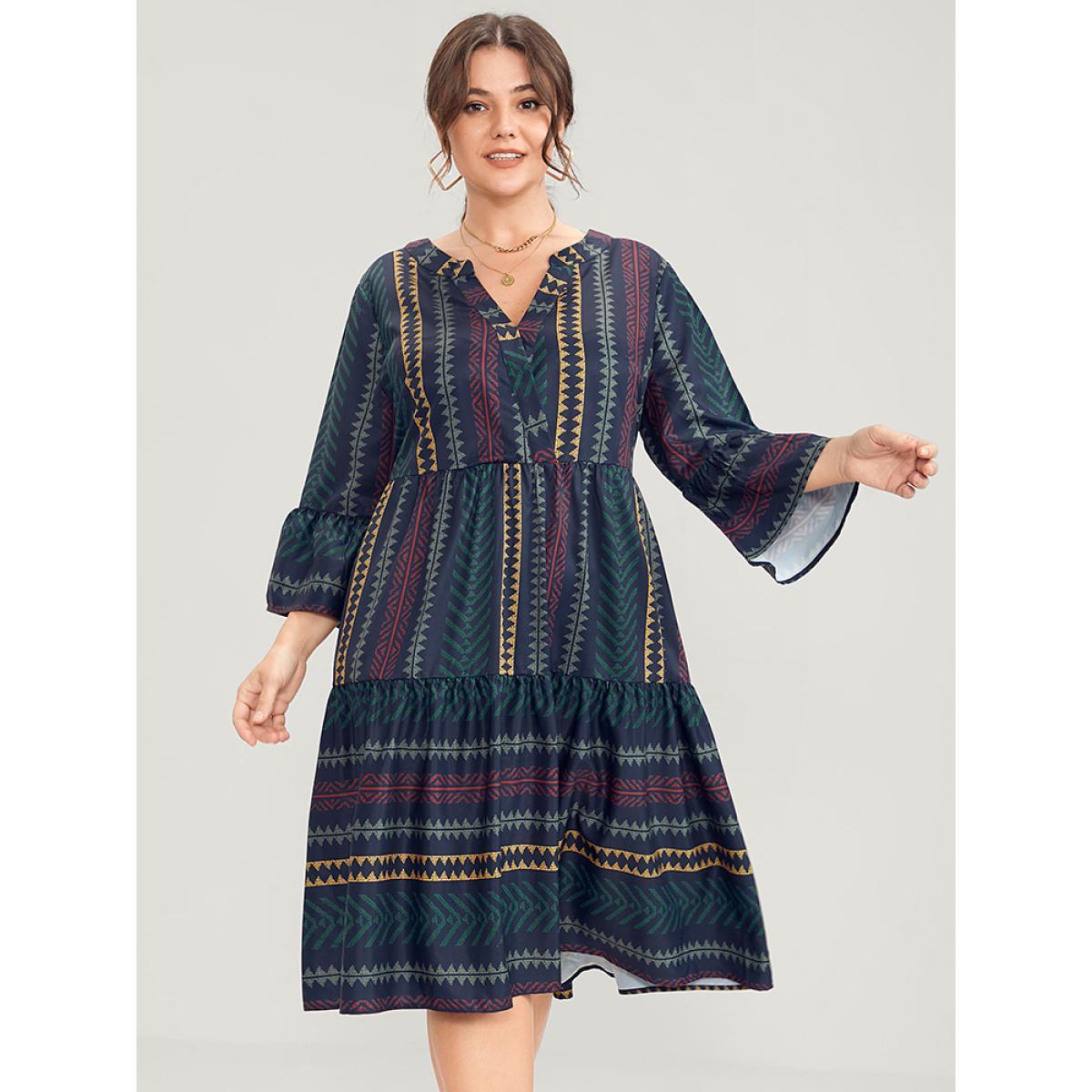 Plus Size Bloom Dress -Geometric Pocket Ruffles V Neck Knee Dress Multicolor Women Vacation Pocket V-neck Elbow-length sleeve Curvy Knee Dress BloomChic 12/L Product Image