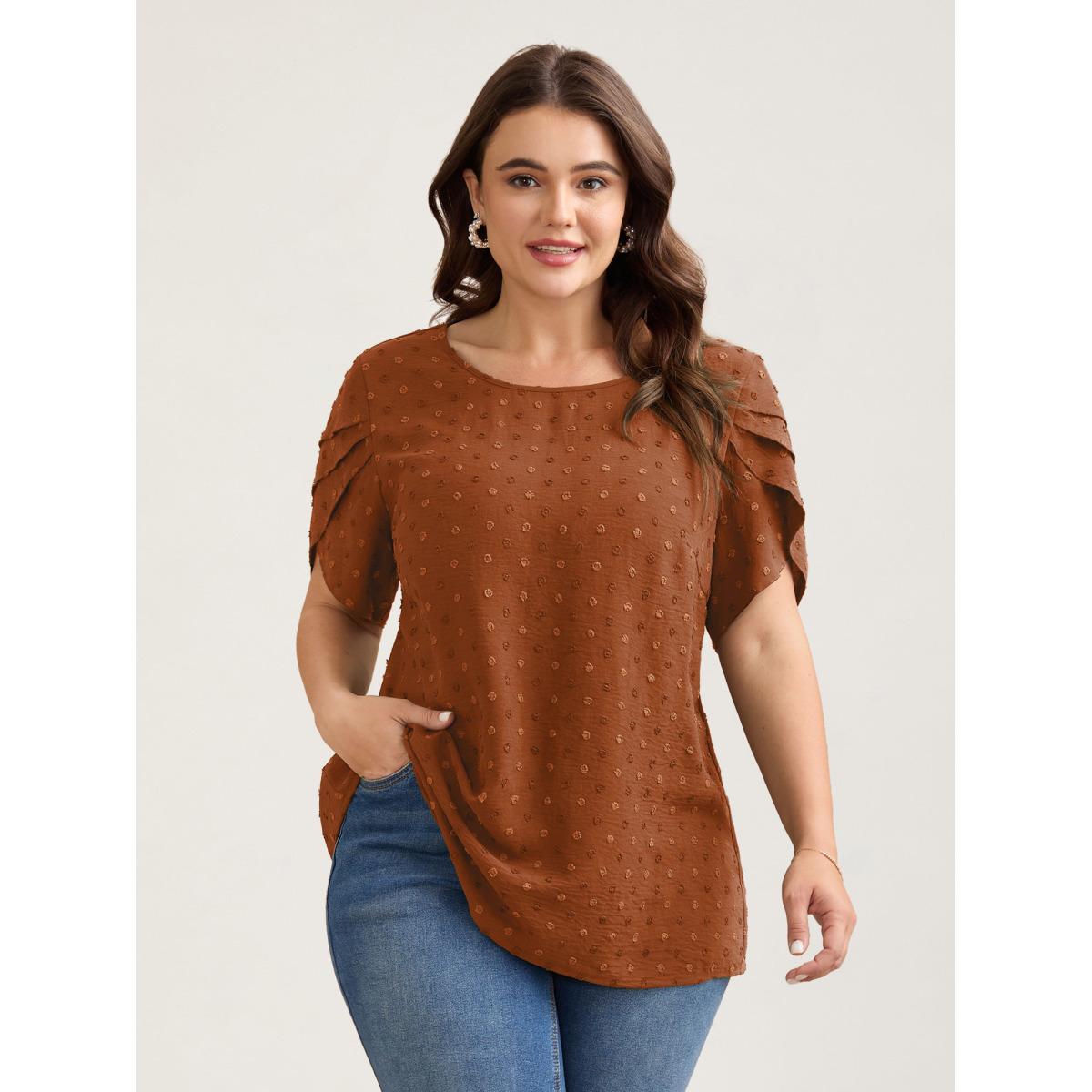 Plus Size Browncoffeecolor Textured Color Contrast Petal Sleeve Blouse Women Elegant Short sleeve Round Neck Everyday Blouses BloomChic 10/M Product Image