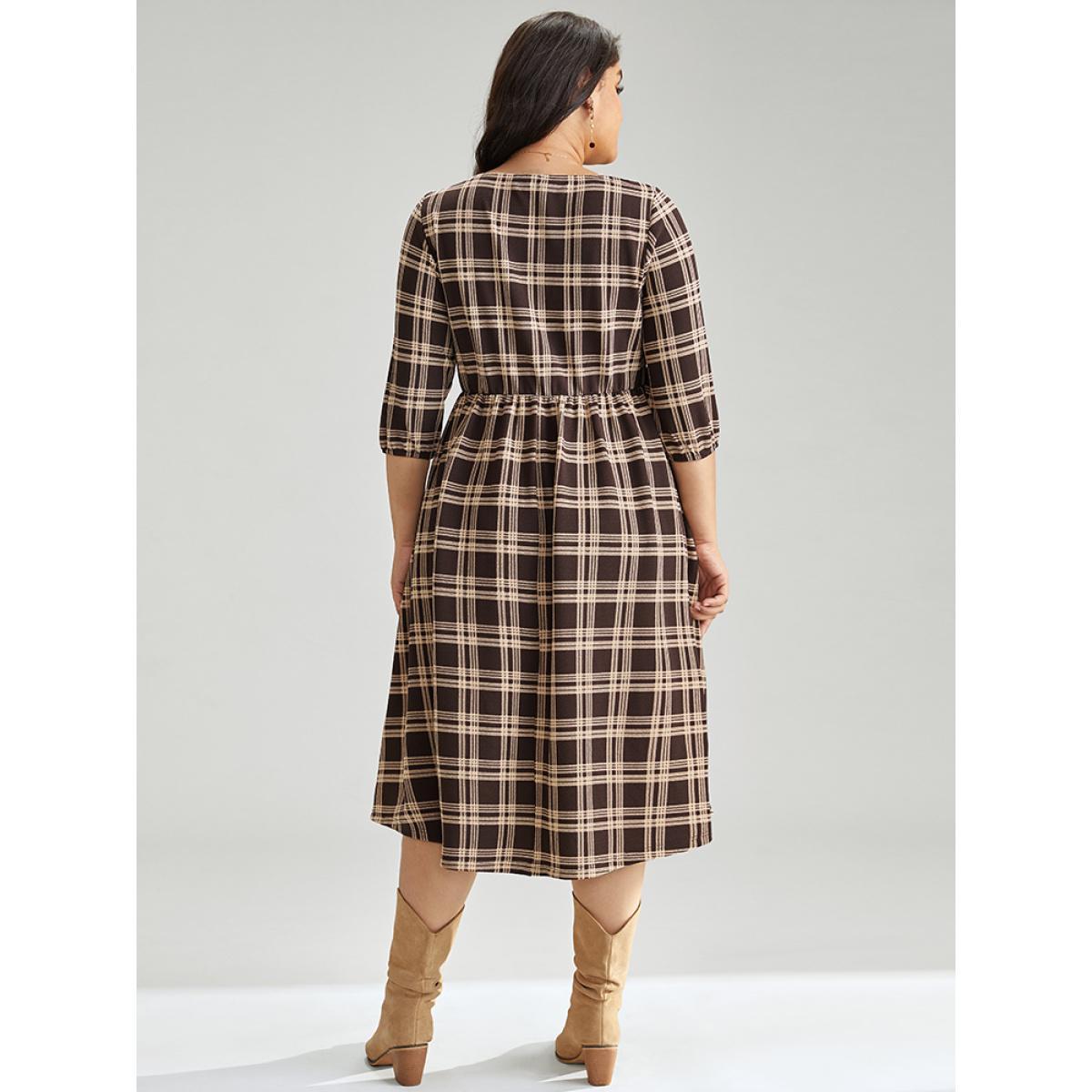 Plus Size Plaid Pocket Elastic Waist Square Neck Lantern Sleeve Dress DarkBrown Women Casual Elastic cuffs Square Neck Elbow-length sleeve Curvy Midi Dress BloomChic 10/M Product Image