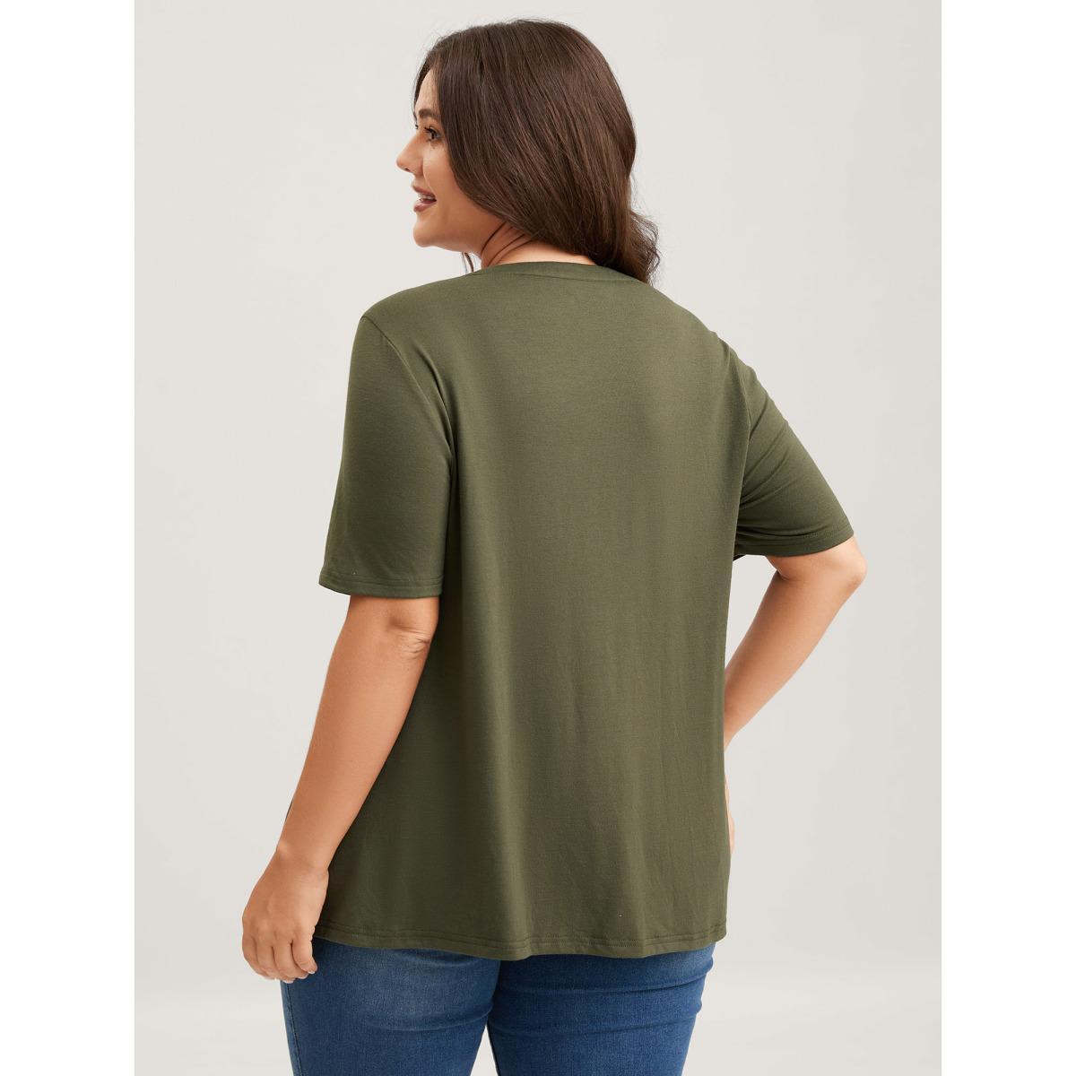 Plus Size Floral Embroidery Lace Trim T-Shirt ArmyGreen Women Woven ribbon&lace trim Flat collar with V-notch Everyday-Casual T-shirts BloomChic 26/4X Product Image