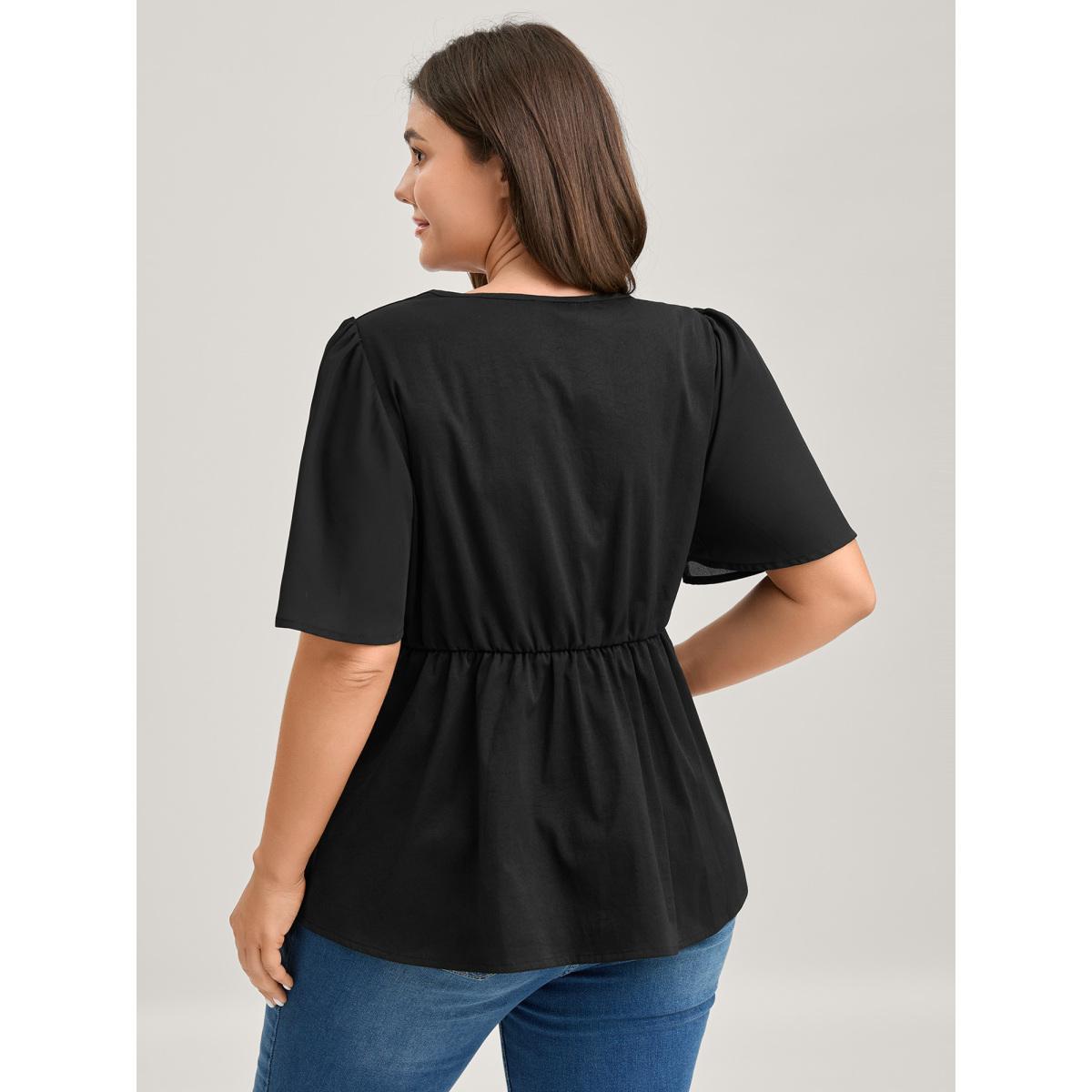 Plus Size Black Cinched Flared Waist Button Detail Blouse Women Short sleeve V-neck Everyday-Casual Blouses BloomChic 12/L Product Image