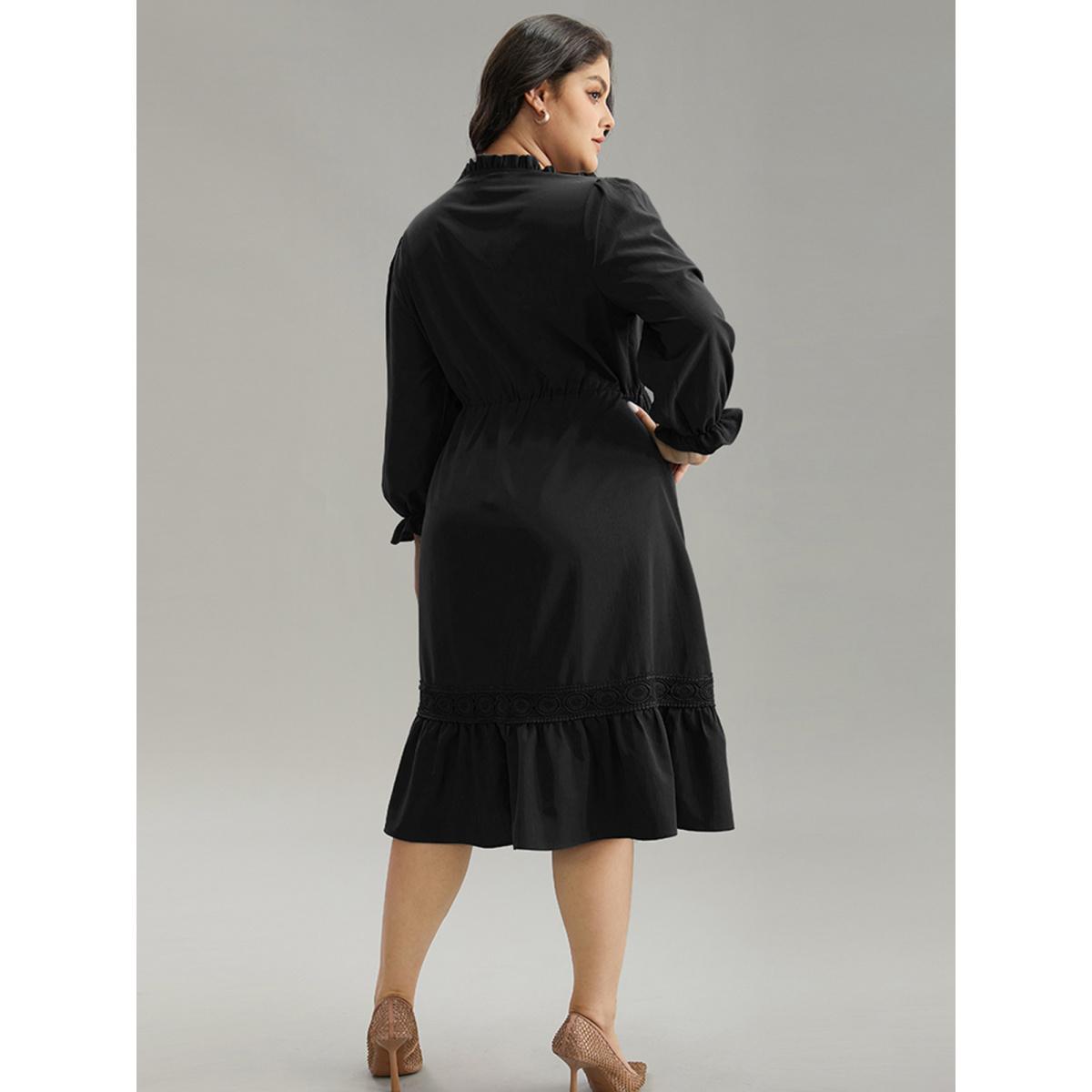 Plus Size Solid Frill Trim Guipure Lace Flutter Sleeve Dress Black Women At the Office Plain Notched collar Long Sleeve Curvy Midi Dress BloomChic 22-24/3X Product Image