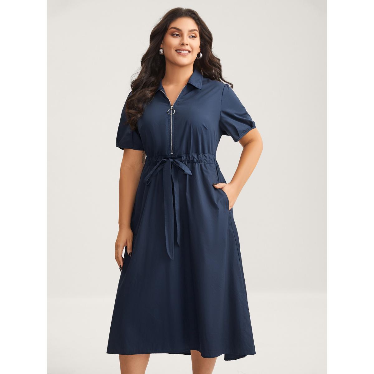 Plus Size Pure Cotton Glide Lock Zipper Midi Dress Navy Women Drawstring Shirt collar Short sleeve Curvy BloomChic 14-16/1X Product Image