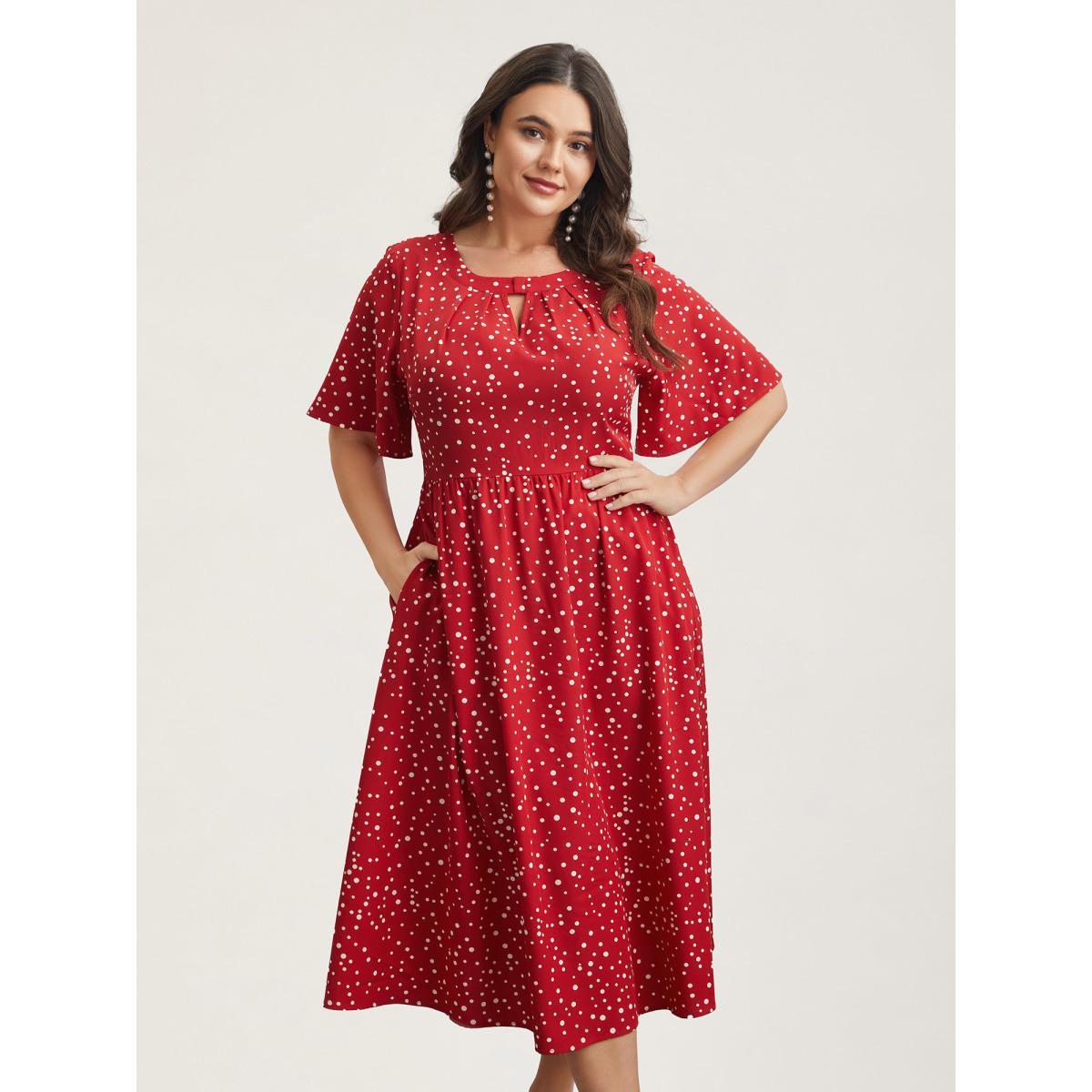 Plus Size Polka Dots Print Cut-Out Flutter Sleeve Midi Dress Scarlet Women Elegant Pleated Round Neck Short sleeve Curvy BloomChic 28/5X Product Image