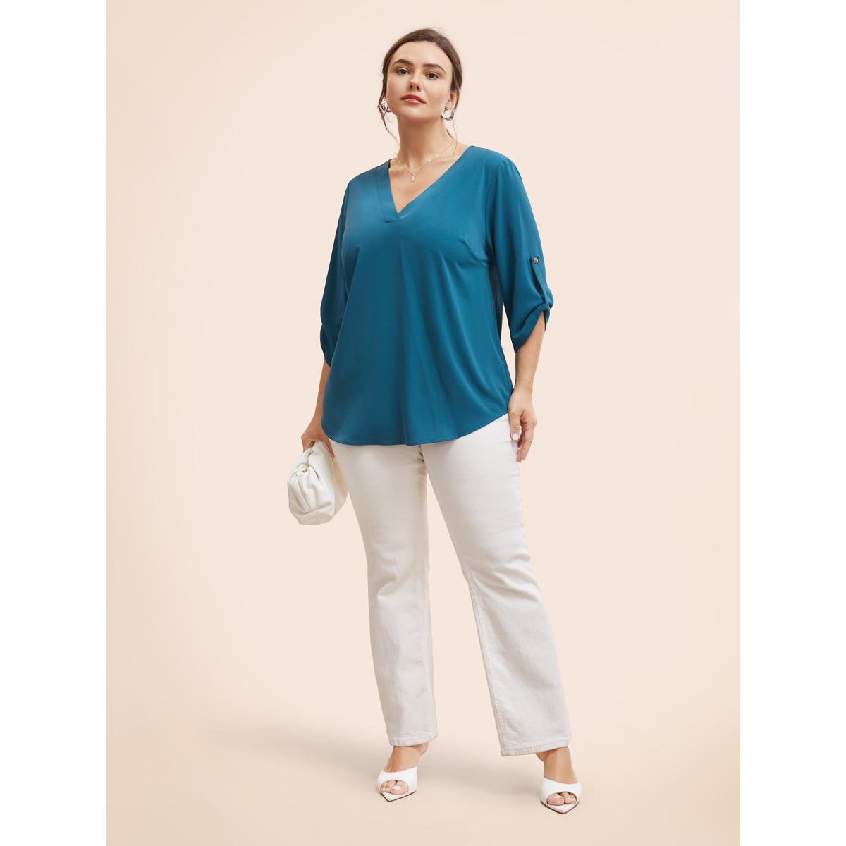 Plus Size Aegean Solid Cuffed Sleeve Gathered Curved Hem Blouse Women Office Elbow-length sleeve V-neck Work Blouses BloomChic 14-16/1X Product Image