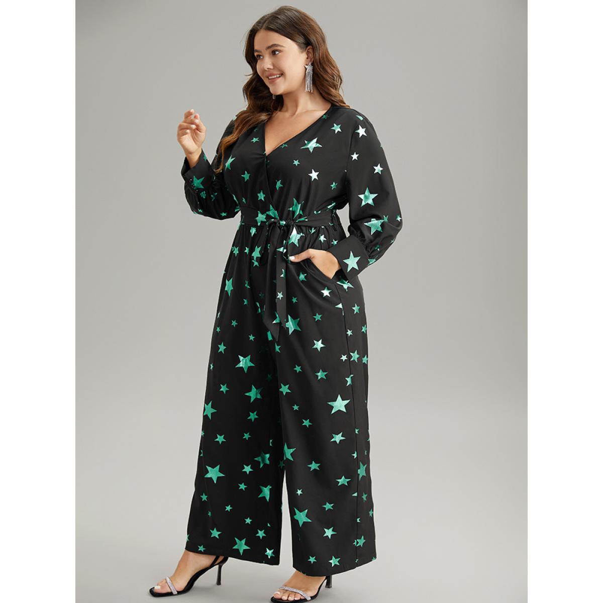 Plus Size Black Star Glitter Belted V Neck Jumpsuit Women Glamour Long Sleeve Overlap Collar Going out Loose Jumpsuits BloomChic 10/M Product Image