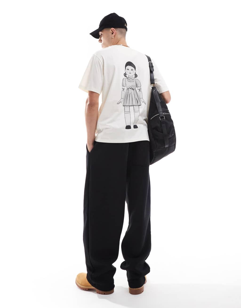 Jack & Jones Squid Game oversized t-shirt with back print in beige Product Image