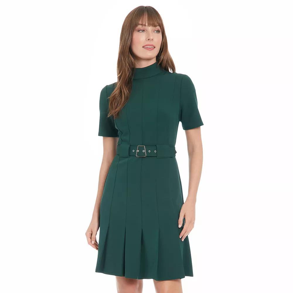 Women's London Times Mock Neck Belted Pleated Dress, Size: 16, Pine Green Product Image